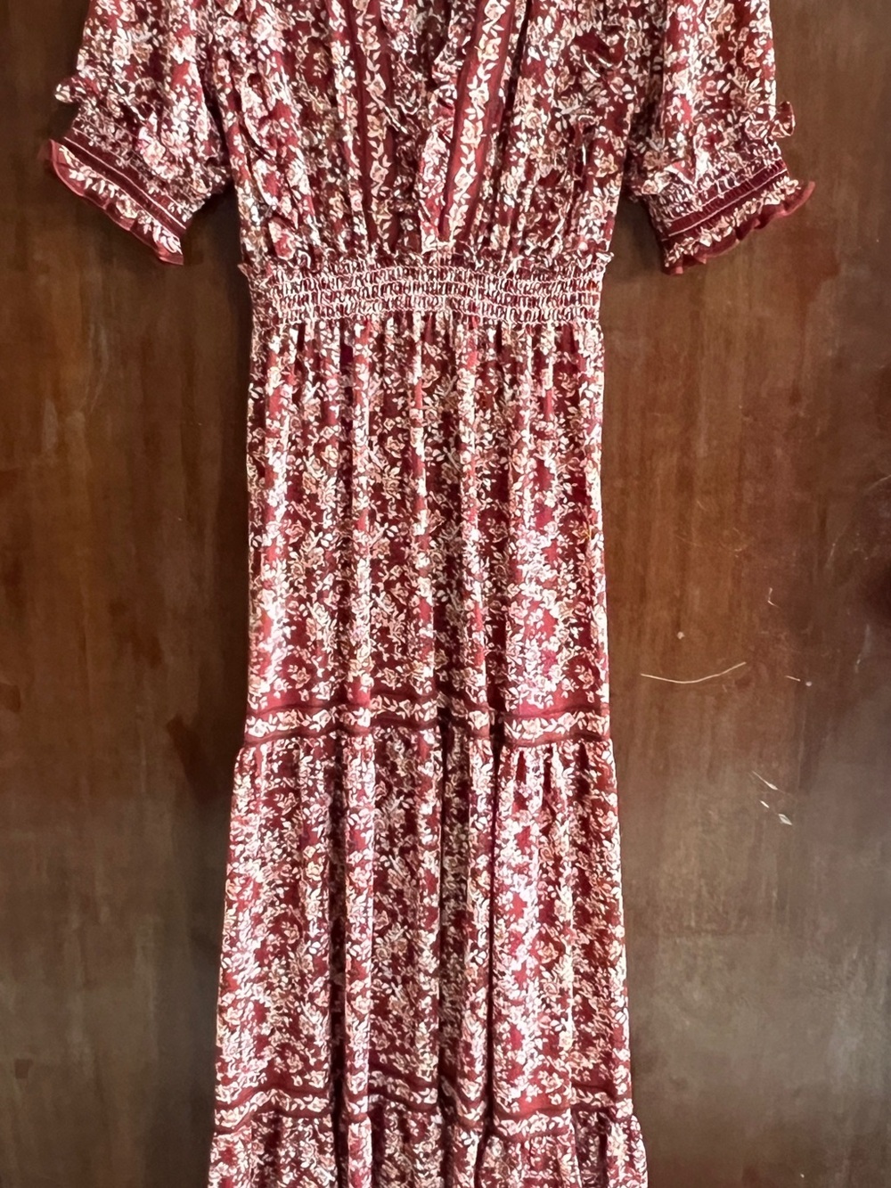 Max Studio Burgundy Floral Maxi Dress with Smocked Waist